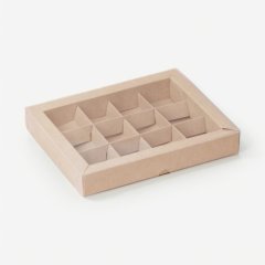 Коробка на 12 конфет с прозрачной крышкой крафт 16х20х3 см 